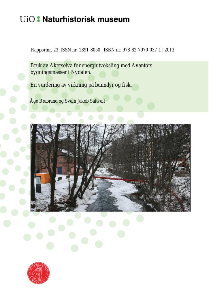 Forsiden av dokumentet Bruk av Akerselva for energiutveksling med Avantors bygningsmasser i Nydalen