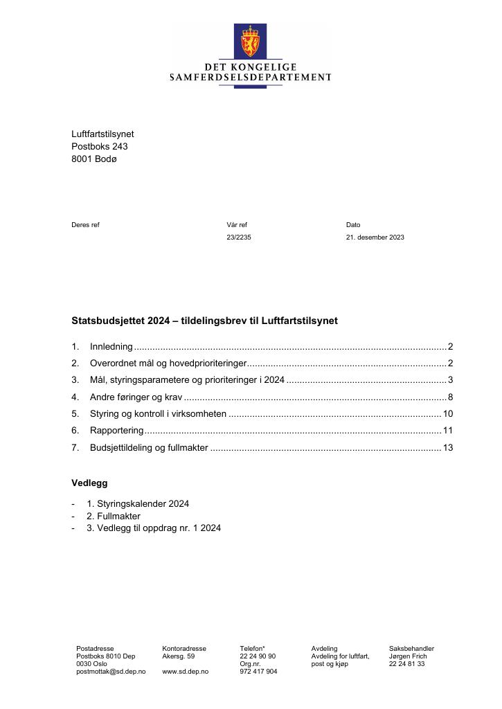 Forsiden av dokumentet Tildelingsbrev Luftfartstilsynet 2024