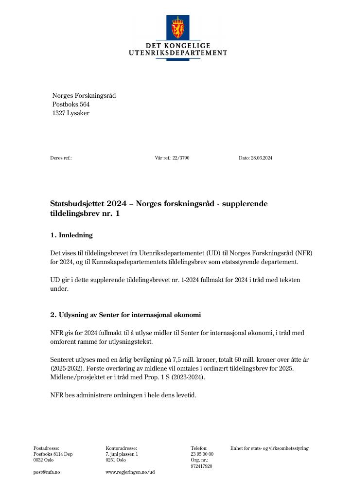 Forsiden av dokumentet Tildelingsbrev Forskningsrådet 2024 - tillegg nr. 1