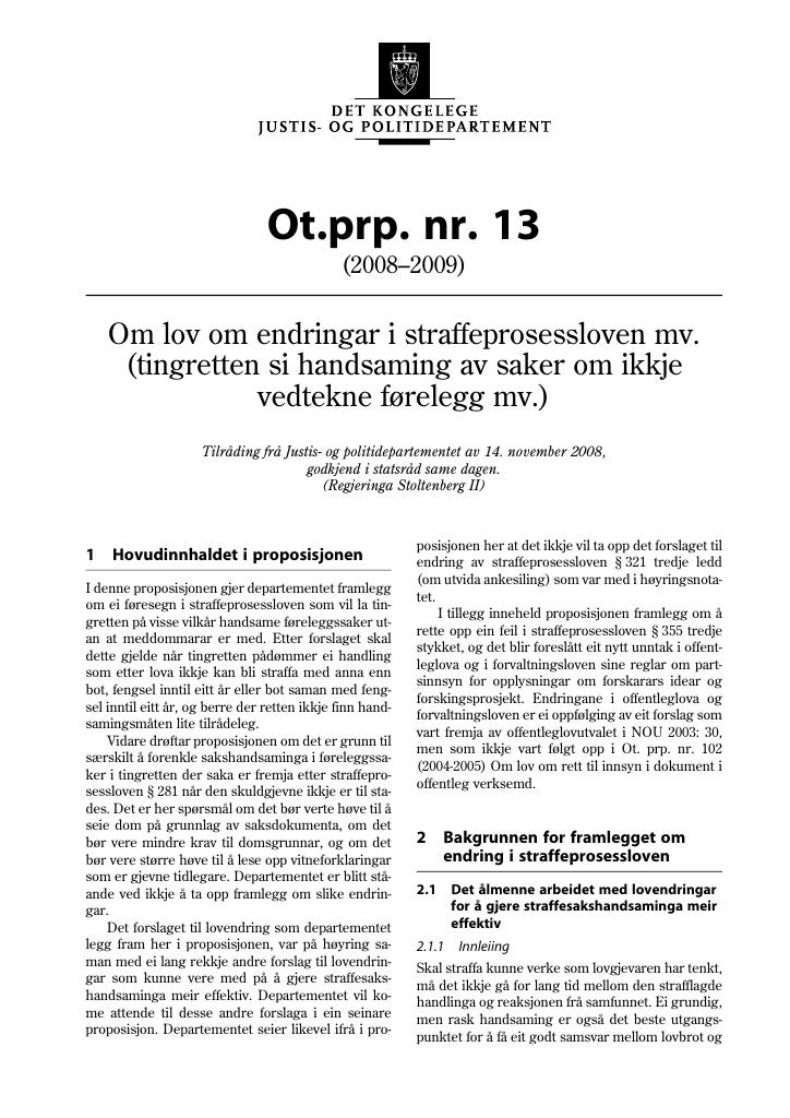 Forsiden av dokumentet Ot.prp. nr. 13 (2008-2009)