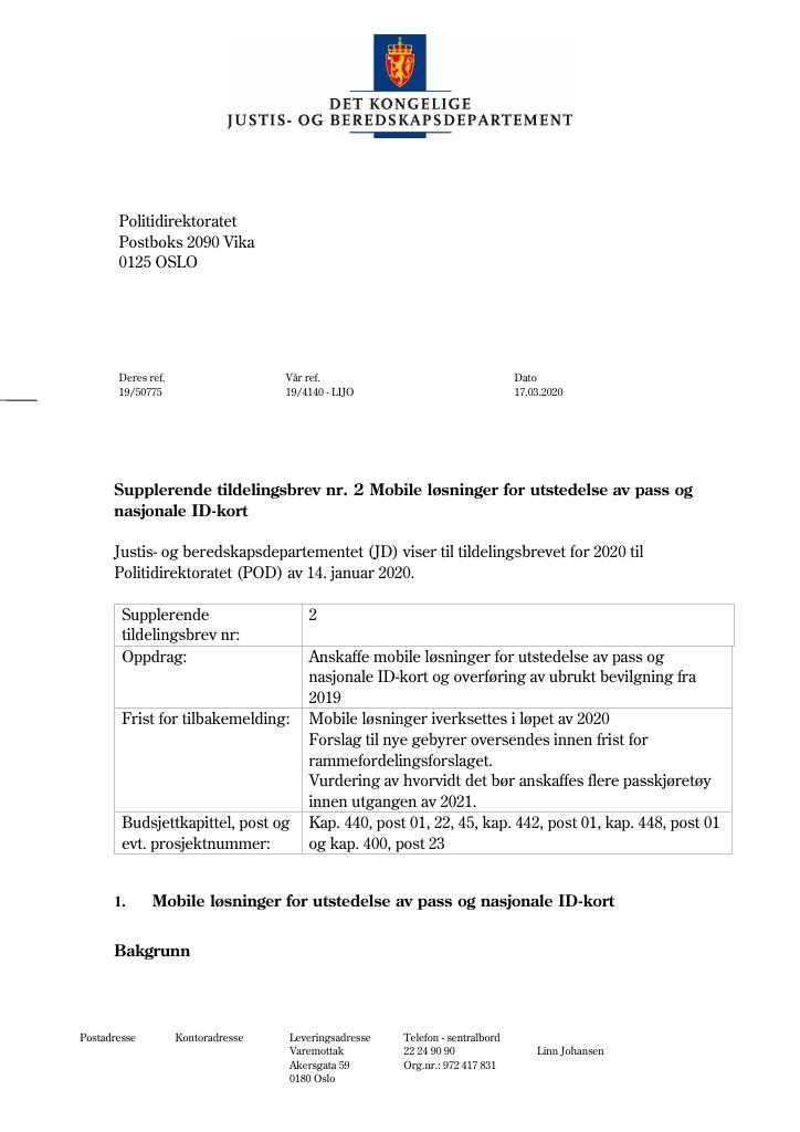 Forsiden av dokumentet Tildelingsbrev Politidirektoratet 2020 - tillegg nr. 2