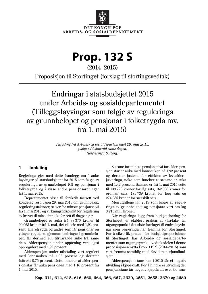 Forsiden av dokumentet Prop. 132 S (2014–2015)