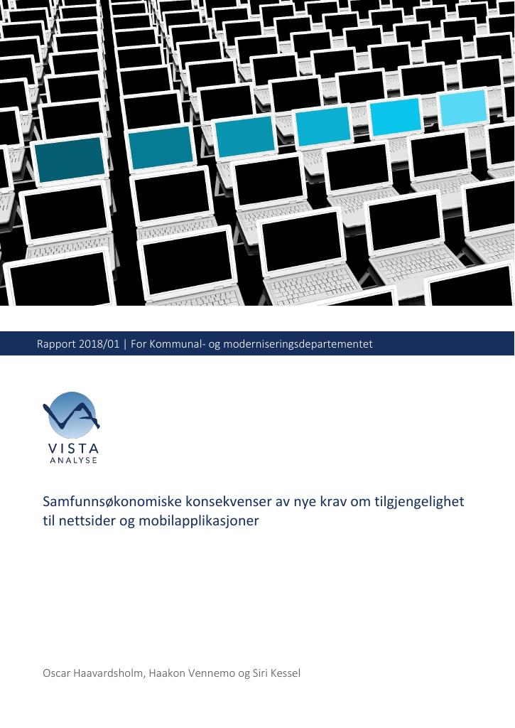 Forsiden av dokumentet Samfunnsøkonomiske konsekvenser av nye krav om tilgjengelighet til nettsider og mobilapplikasjoner