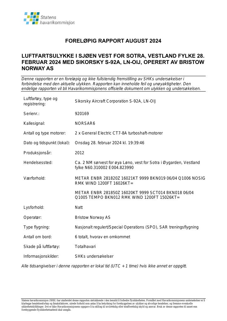 Forsiden av dokumentet Foreløpig rapport om luftfartsulykke i sjøen vest for Sotra, Vestland fylke 28. februar 2024 med Sikorsky S-92A, LN-OIJ, operert av Bristow Norway AS