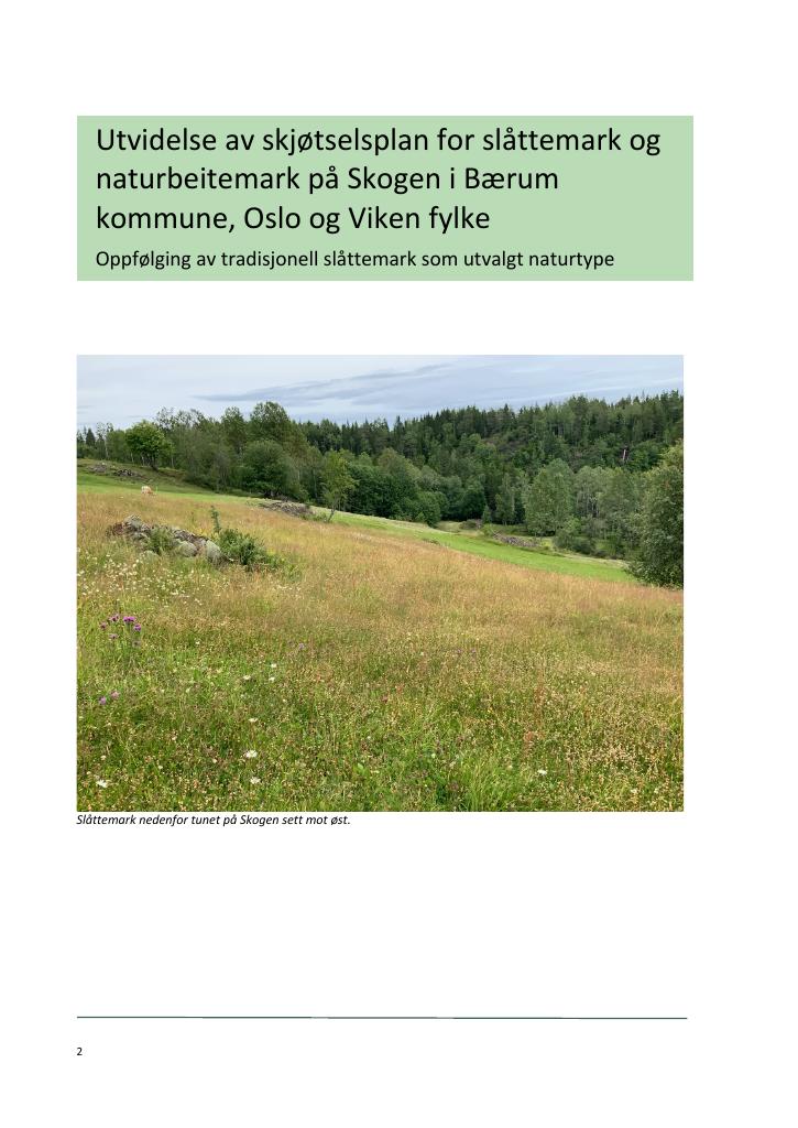 Forsiden av dokumentet Utvidelse av skjøtselsplan for slåttemark og naturbeitemark på Skogen i Bærum kommune, Oslo og Viken fylke : oppfølging av tradisjonell slåttemark som utvalgt naturtype