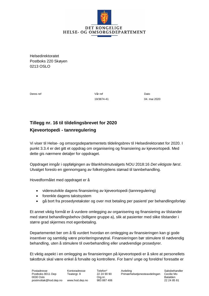 Forsiden av dokumentet Tildelingsbrev Helsedirektoratet 2020 - tillegg nr. 16