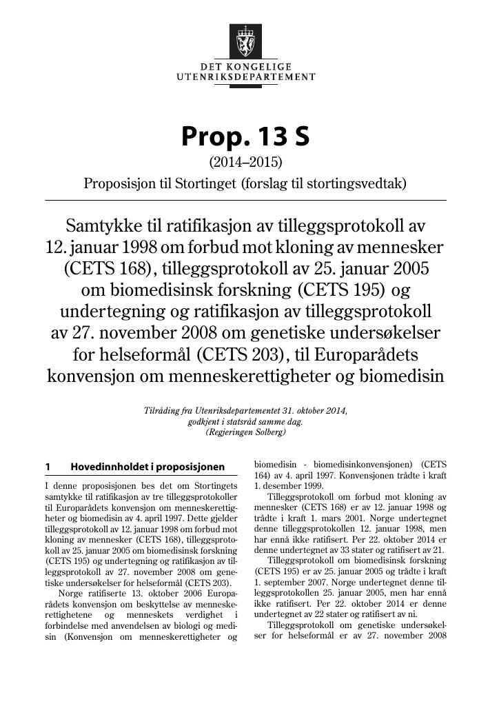 Forsiden av dokumentet Prop. 13 S (2014–2015)