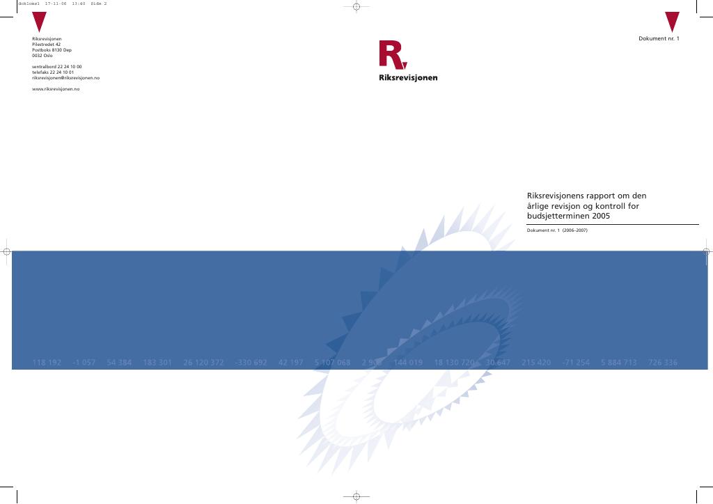 Forsiden av dokumentet Riksrevisjonens rapport om den årlige revisjon og kontroll for budsjetterminen 2005