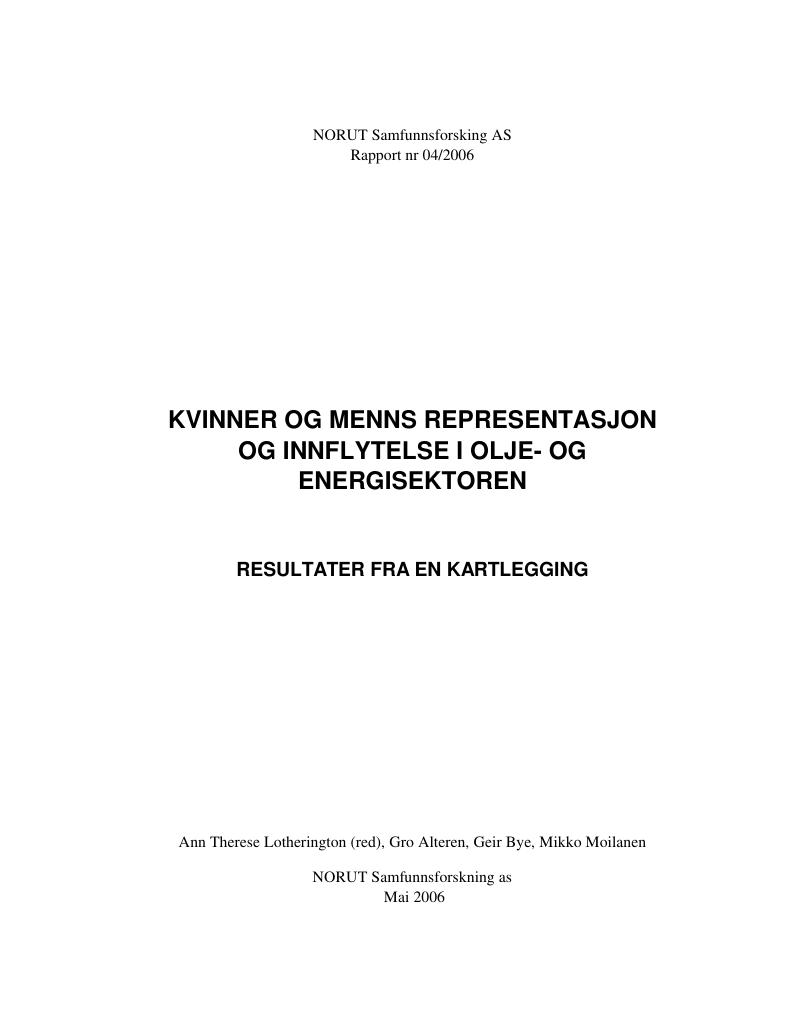 Forsiden av dokumentet Kvinner og menns representasjon og innflytelse i energisektoren