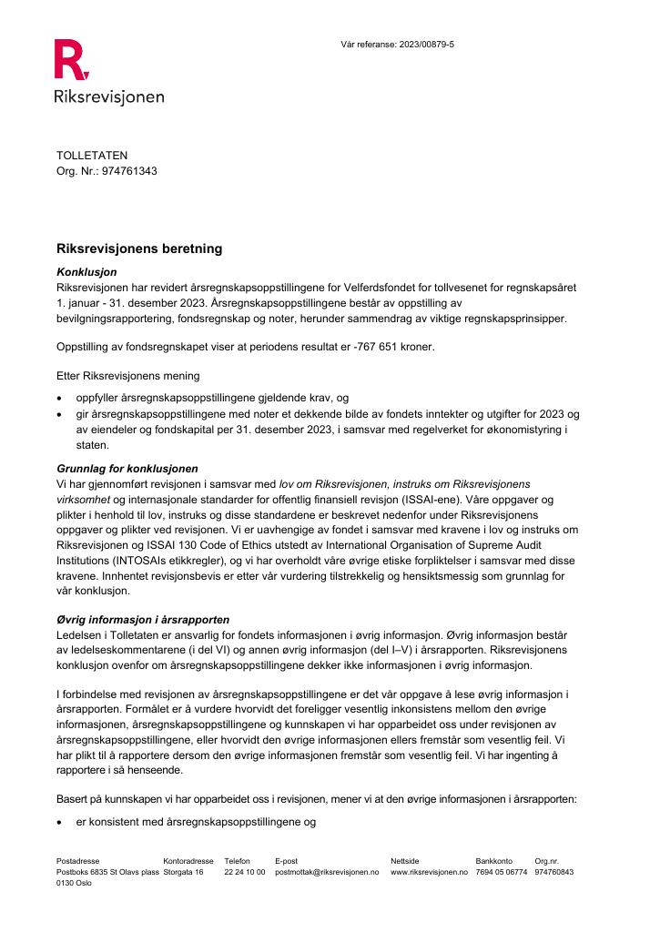 Forsiden av dokumentet Revisjonsberetning for Velferdsfondet for tollvesenet 2022