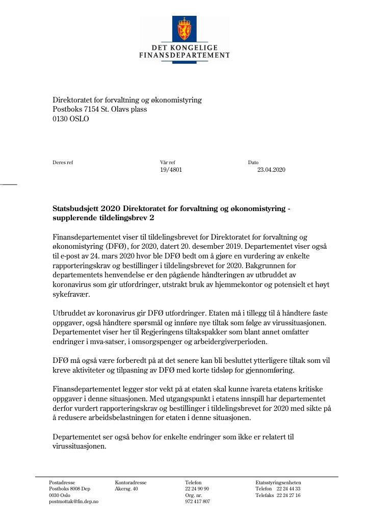 Forsiden av dokumentet Tildelingsbrev DFØ 2020 - tillegg nr. 2