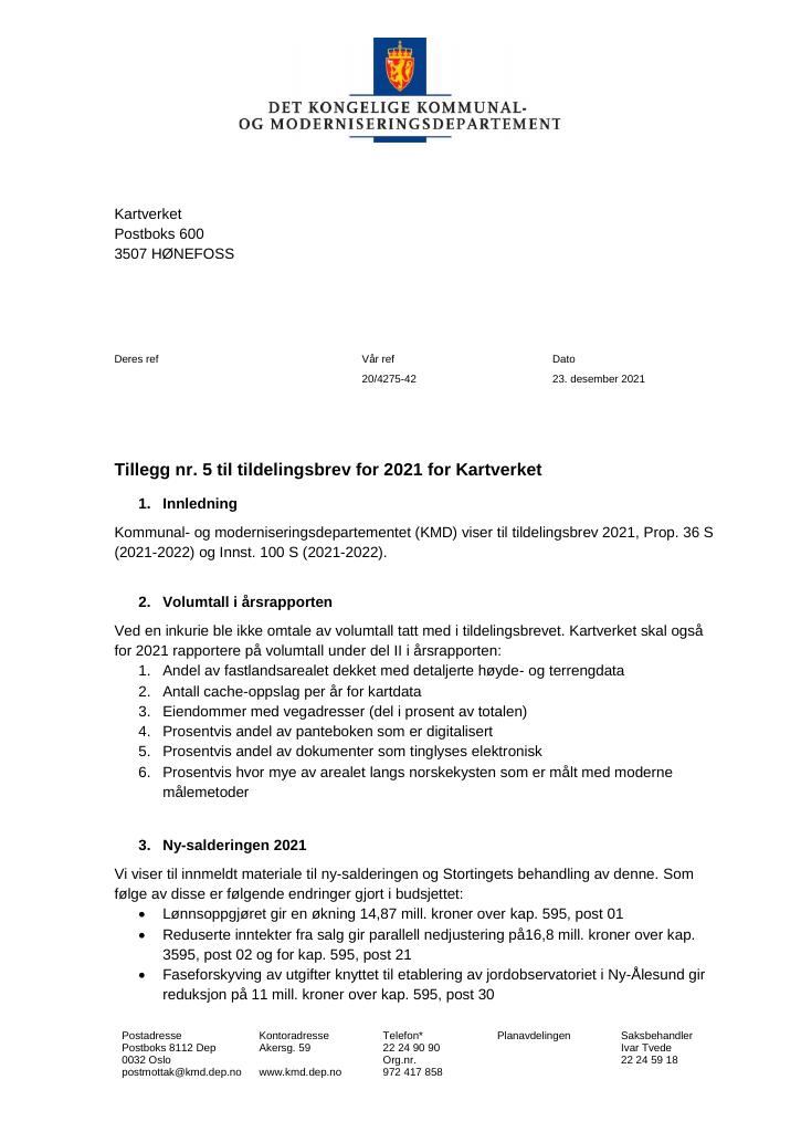 Forsiden av dokumentet Tildelingsbrev Kartverket 2021 - tillegg nr. 5