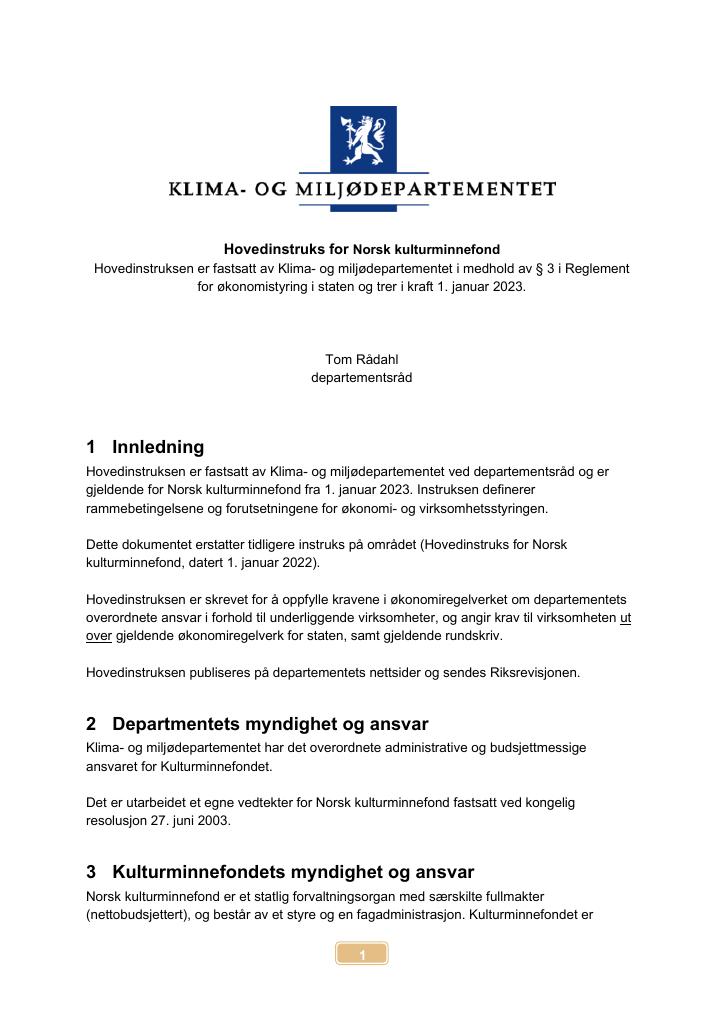 Forsiden av dokumentet Hovedinstruks Norsk kulturminnefond 2023