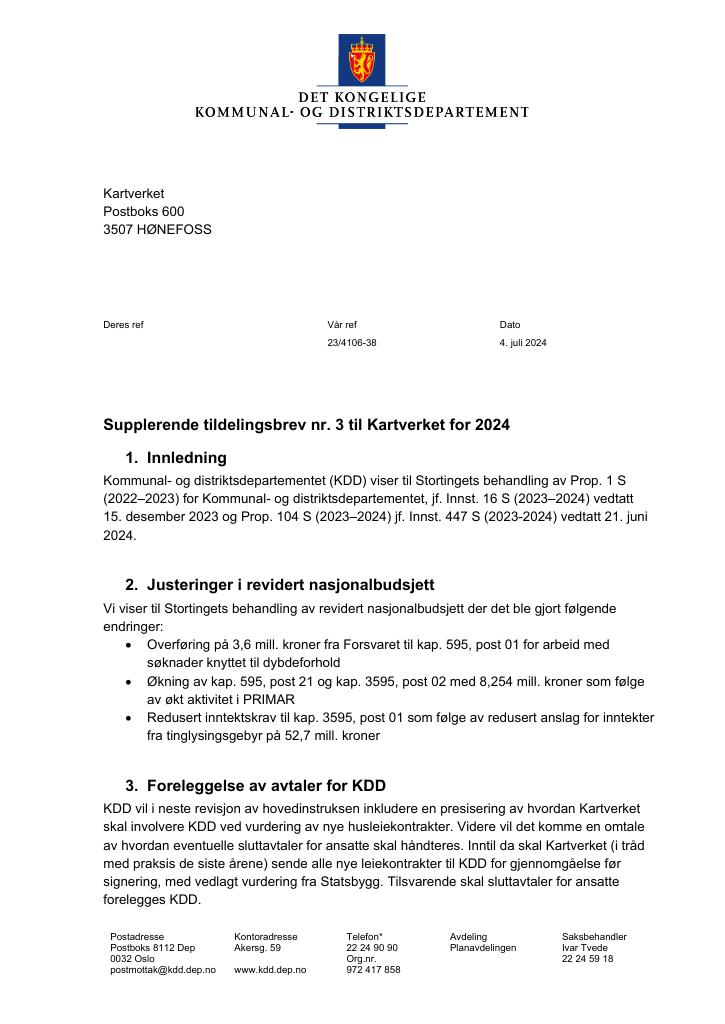 Forsiden av dokumentet tilleggsbrev nr3 (pdf) 2024 Kartverket
