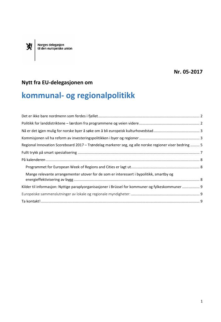Forsiden av dokumentet Nytt fra EU-delegasjonen om kommunal- og regionalpolitikk (5/2017)