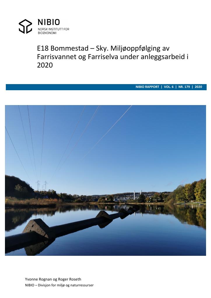 Forsiden av dokumentet E18 Bommestad – Sky. Miljøoppfølging av Farriselva og Farrisvannet under anleggsarbeid i 2019.