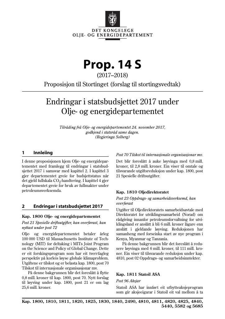 Forsiden av dokumentet Prop. 14 S (2017–2018)