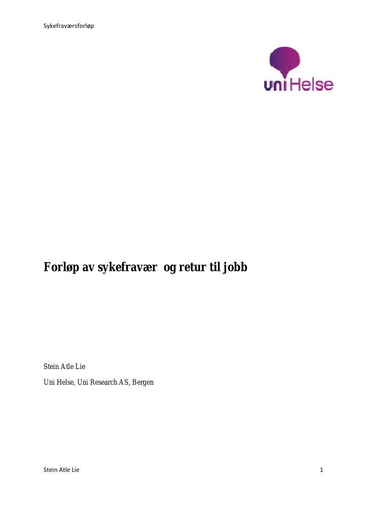 Forsiden av dokumentet Forløp av sykefravær og retur til jobb
