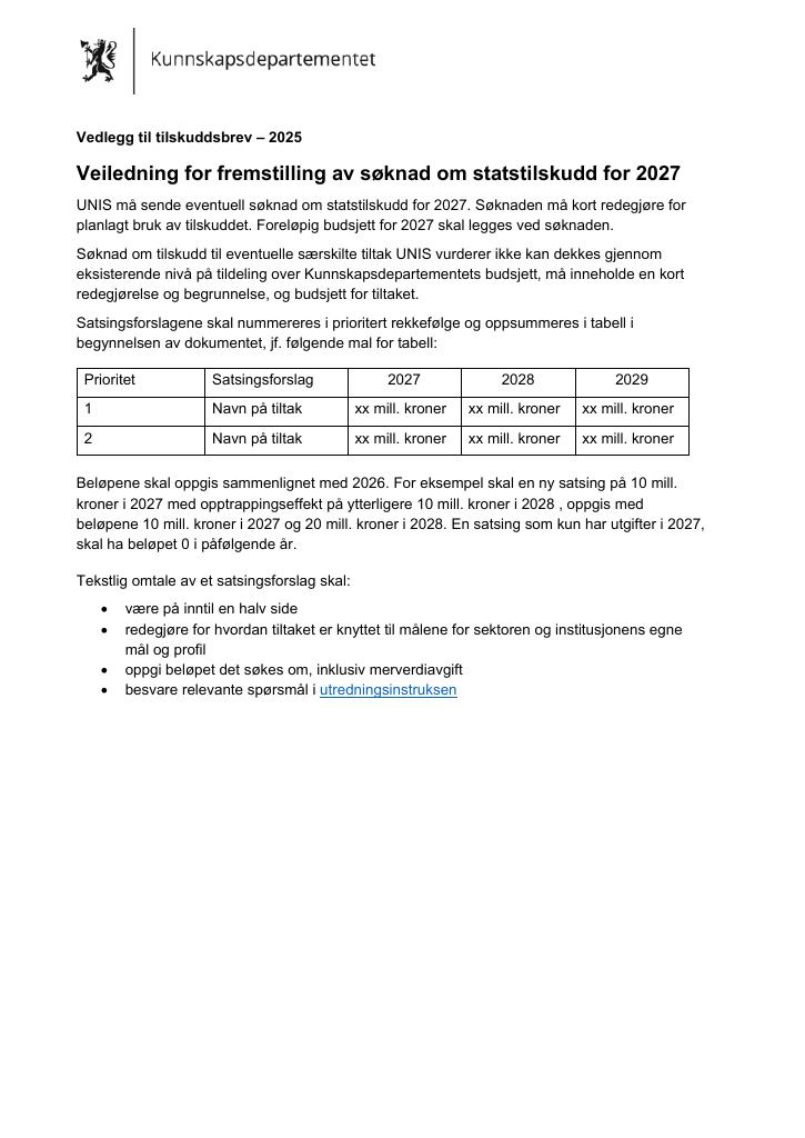 Forsiden av dokumentet Veiledning for fremstilling av søknad om statstilskudd 2027 UNIS