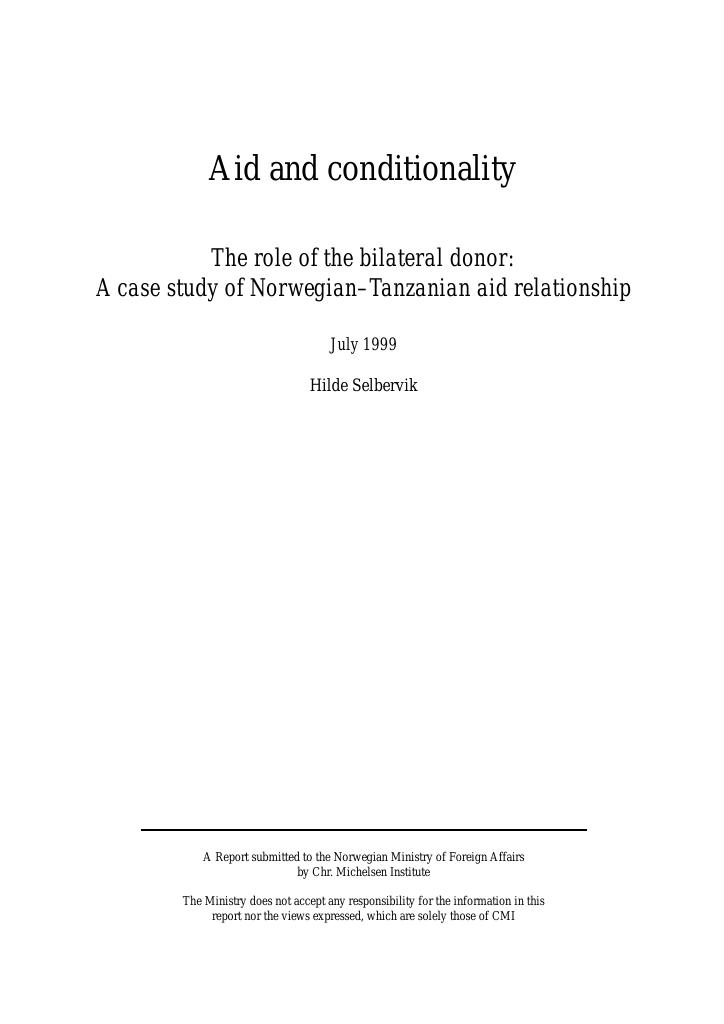 Forsiden av dokumentet Aid and conditionality - The role of the bilateral donor: A case study of Norwegian–Tanzanian aid relationship