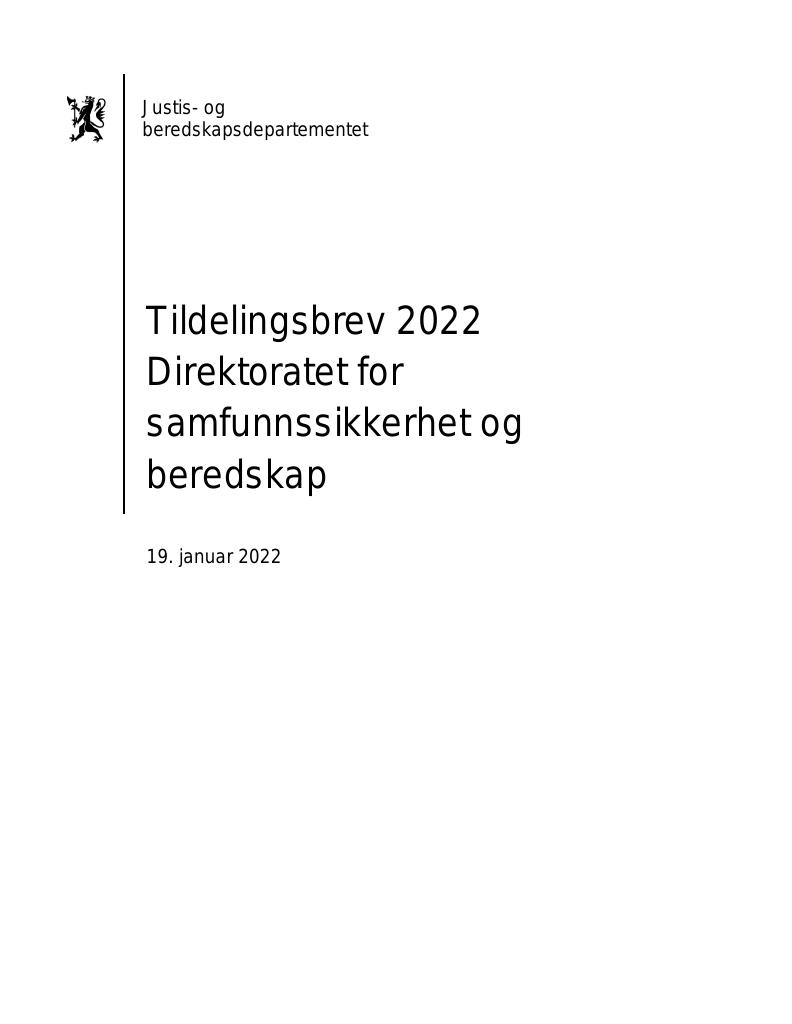 Forsiden av dokumentet Tildelingsbrev Direktoratet for samfunnssikkerhet og beredskap 2022