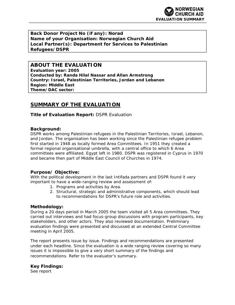 Forsiden av dokumentet DSPR Evaluation