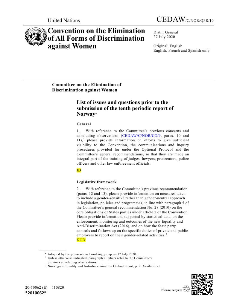 Forsiden av dokumentet Norges 10. rapport til FNs kvinnediskrimineringskonvensjon (CEDAW)
