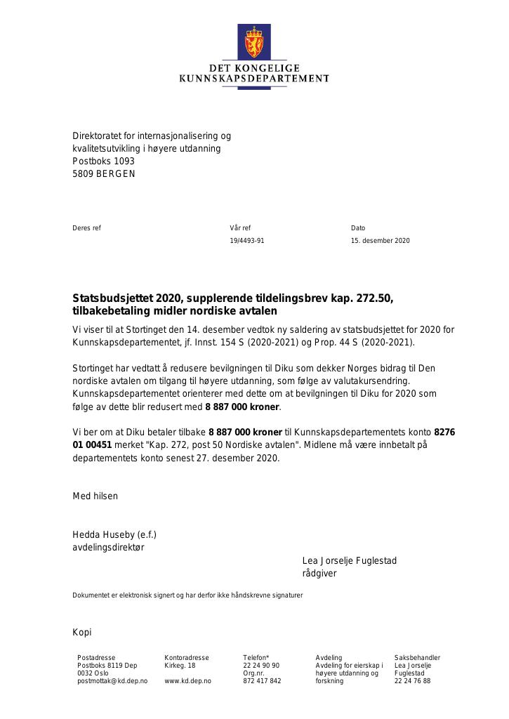 Forsiden av dokumentet Supplerende tildelingsbrev Diku 2020