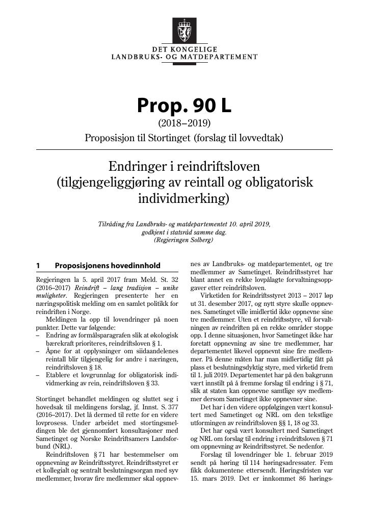 Forsiden av dokumentet Prop. 90 L (2018–2019)