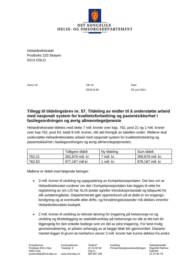 Forsiden av dokumentet Tildelingsbrev Helsedirektoratet 2021 - tillegg nr. 57