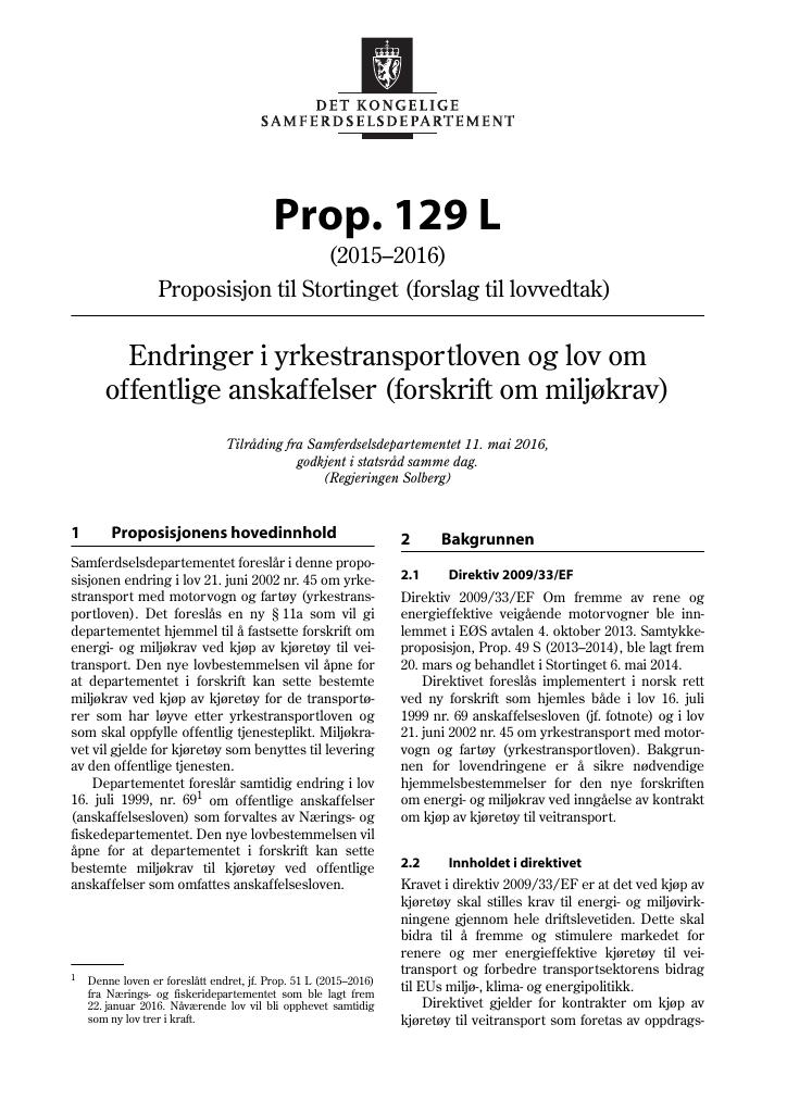 Forsiden av dokumentet Prop. 129 L (2015–2016)