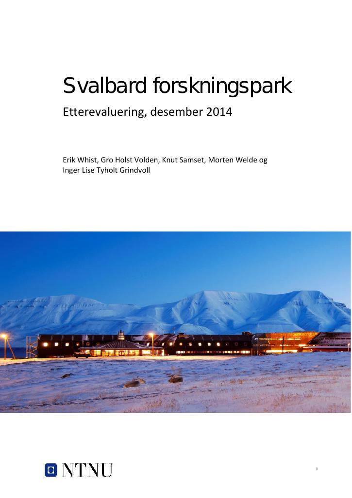 Forsiden av dokumentet Etterevaluering av Svalbard forskningspark