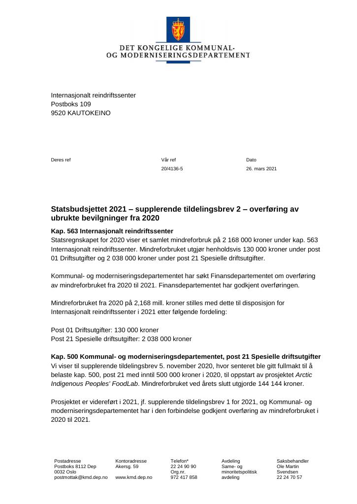 Forsiden av dokumentet Supplerende tildelingsbrev 2.pdf 2021
