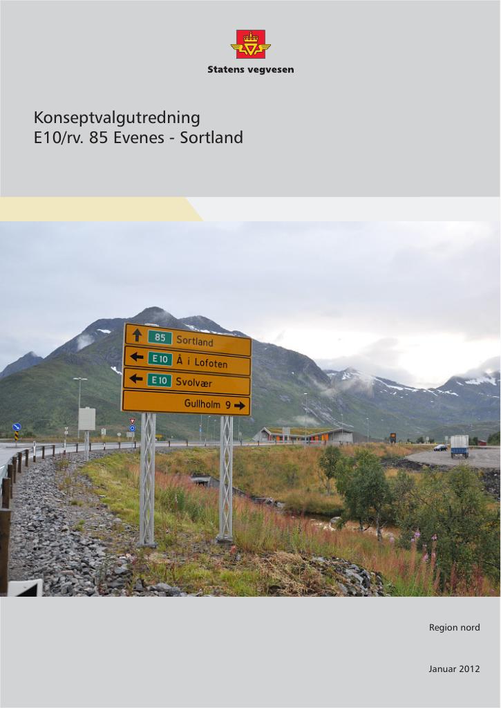 Forsiden av dokumentet Konseptvalgutredning (KVU): E 10/rv. 85 Evenes - Sortland