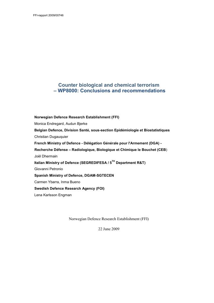 Forsiden av dokumentet Counter biological and chemical terrorism - WP8000: conclusions and recommendations