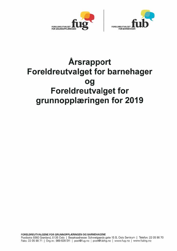 Forsiden av dokumentet Årsrapport Foreldreutvalget for grunnopplæringen og Foreldreutvalget for barnehager (FUG/FUB) 2019