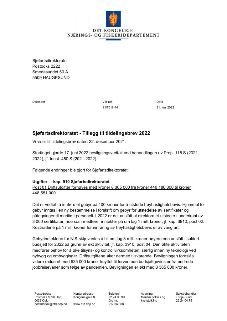 Forsiden av dokumentet Tildelingsbrev Sjøfartsdirektoratet 2022 - tillegg