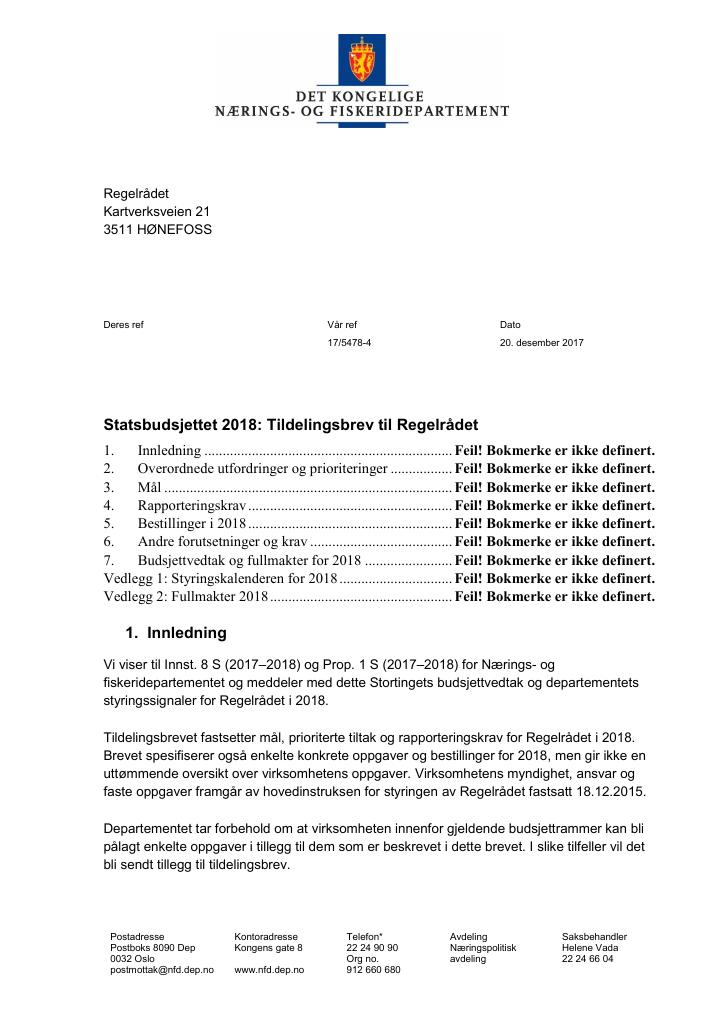 Forsiden av dokumentet Tildelingsbrev Regelrådet 2018
