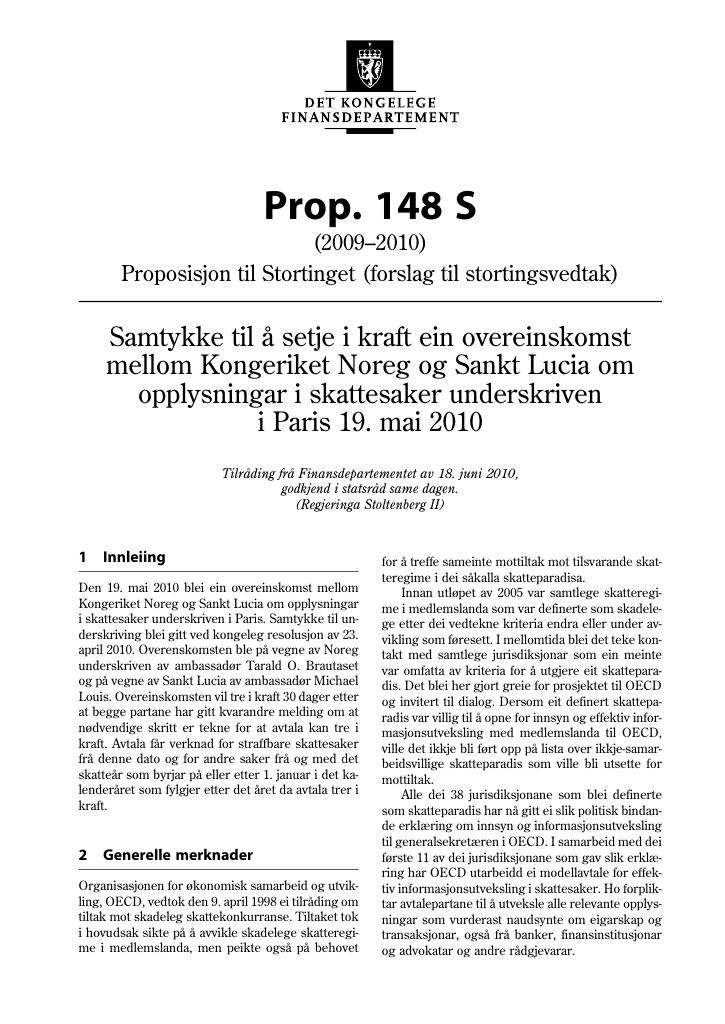 Forsiden av dokumentet Prop. 148 S (2009-2010)