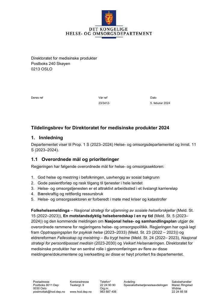 Forsiden av dokumentet Tildelingsbrev Direktoratet for medisinske produkter 2024