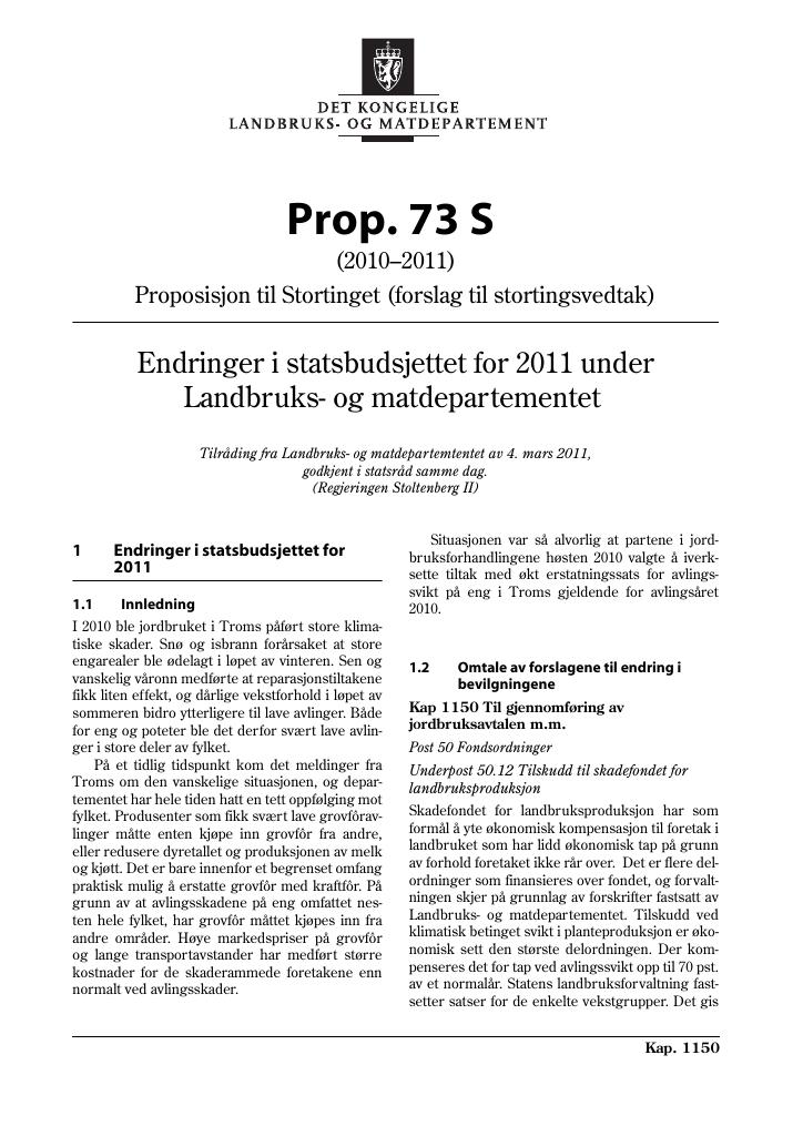 Forsiden av dokumentet Prop. 73 S  (2010–2011)