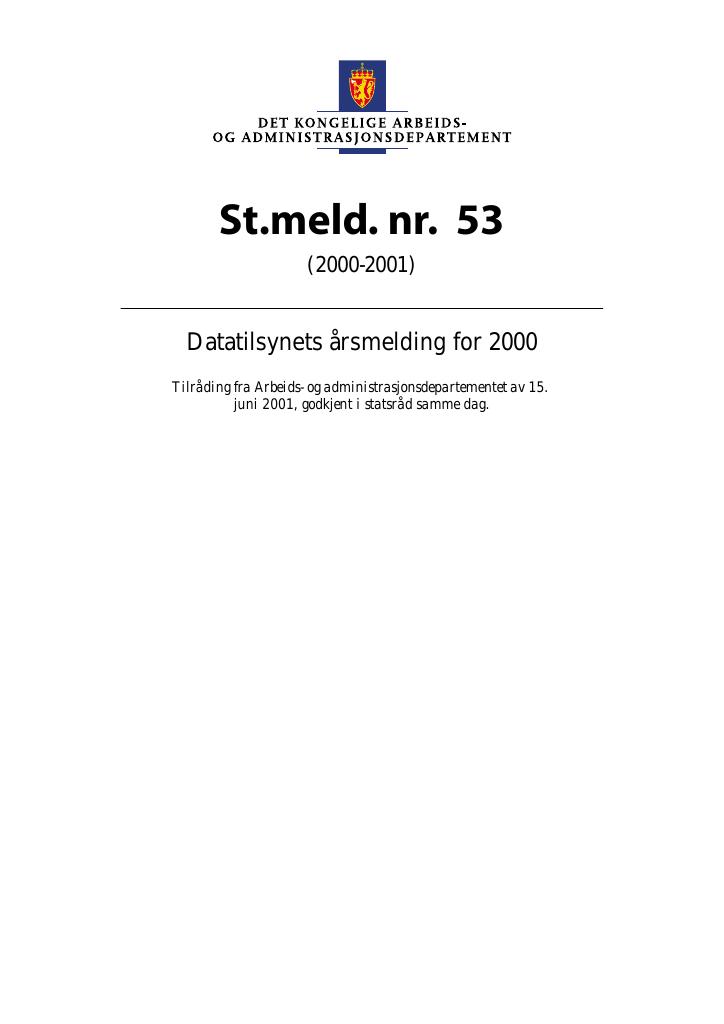 Forsiden av dokumentet St.meld. nr. 53 (2000-2001)