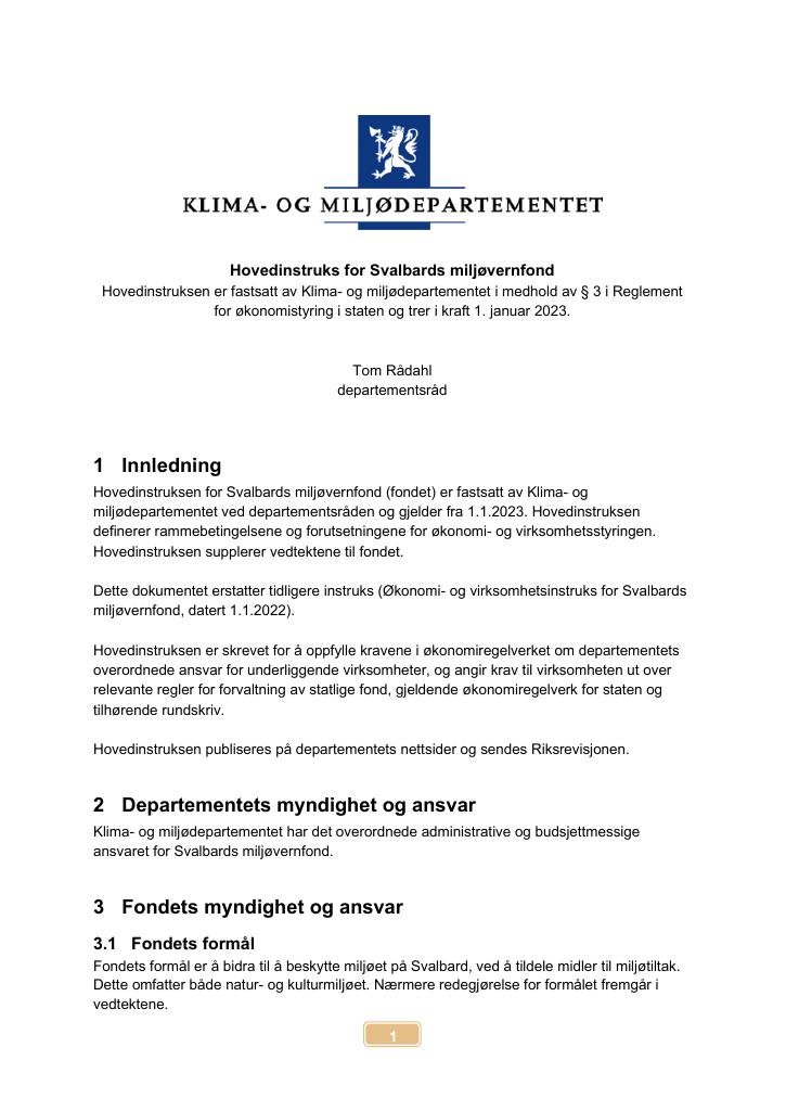 Forsiden av dokumentet Hovedinstruks Svalbards miljøvernfond 2023