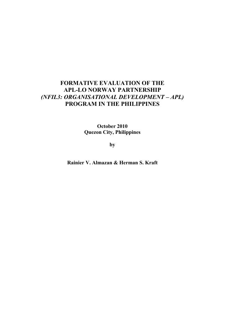Forsiden av dokumentet Evaluation of LO-Norway Programme of Co-operation with Alliance for Progressive Labor (APL), Philippines