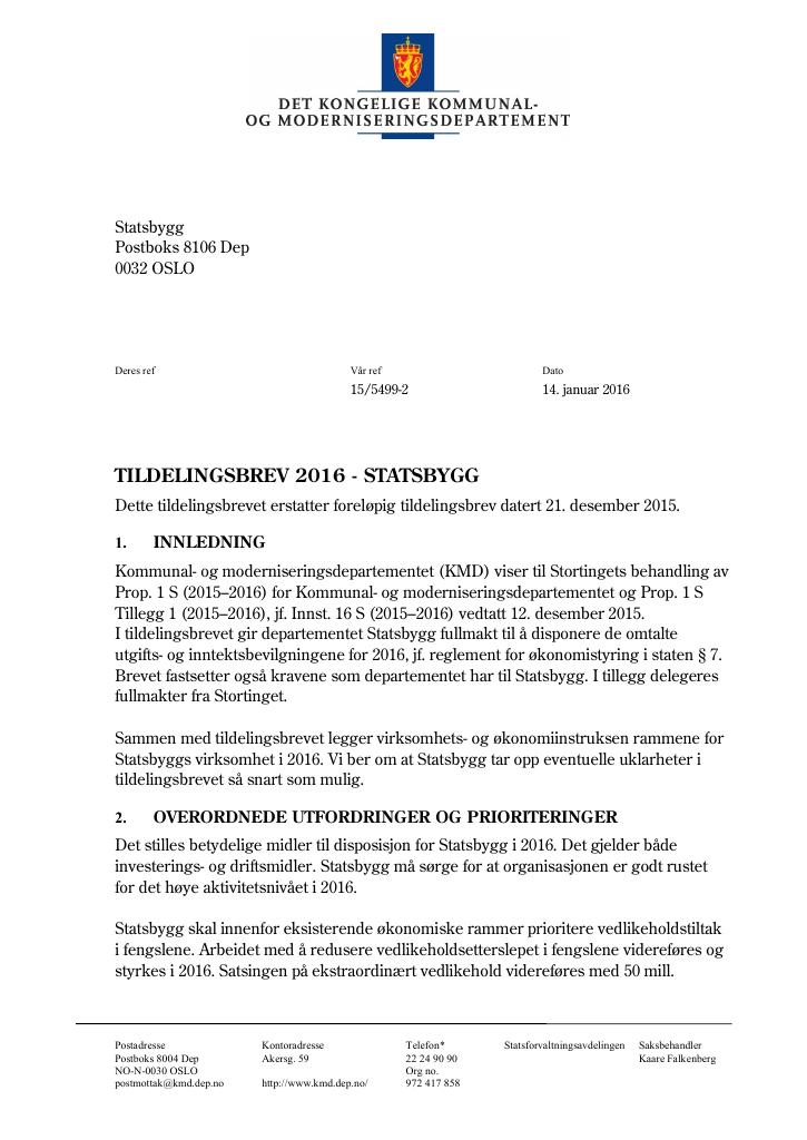 Forsiden av dokumentet Tildelingsbrev (pdf)