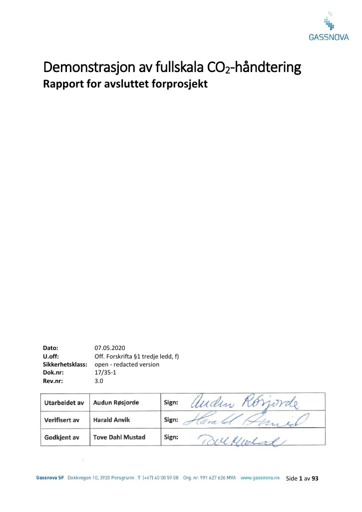 Forsiden av dokumentet Demonstrasjon av fullskala CO2-håndtering : Rapport for avsluttet forprosjekt
