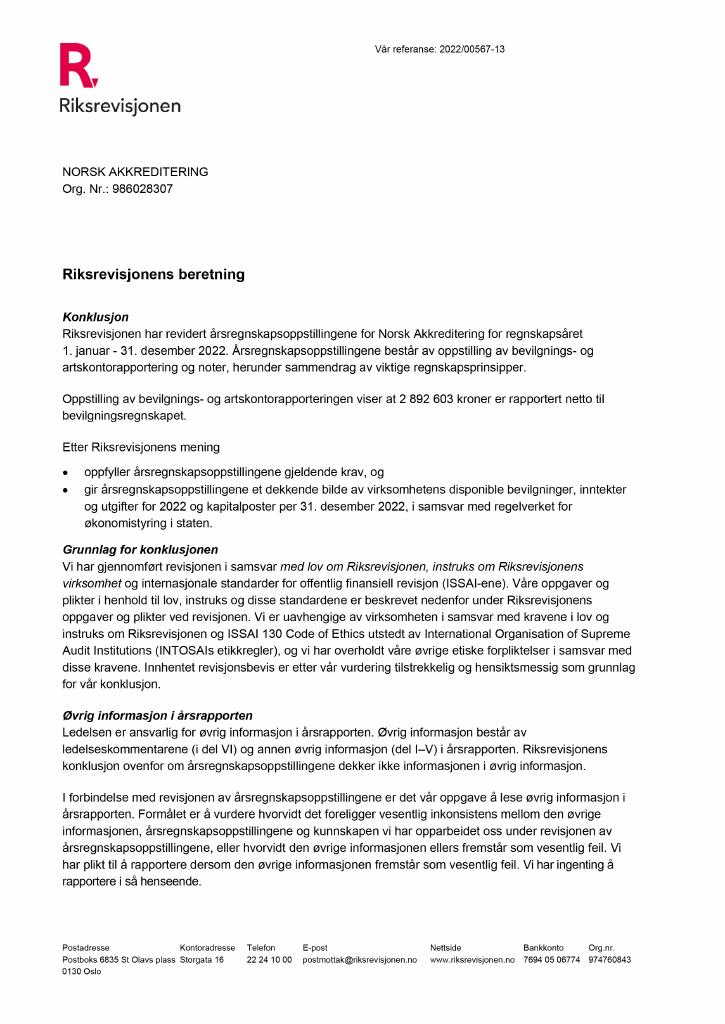 Forsiden av dokumentet Revisjonsberetning Norsk akkreditering 2022