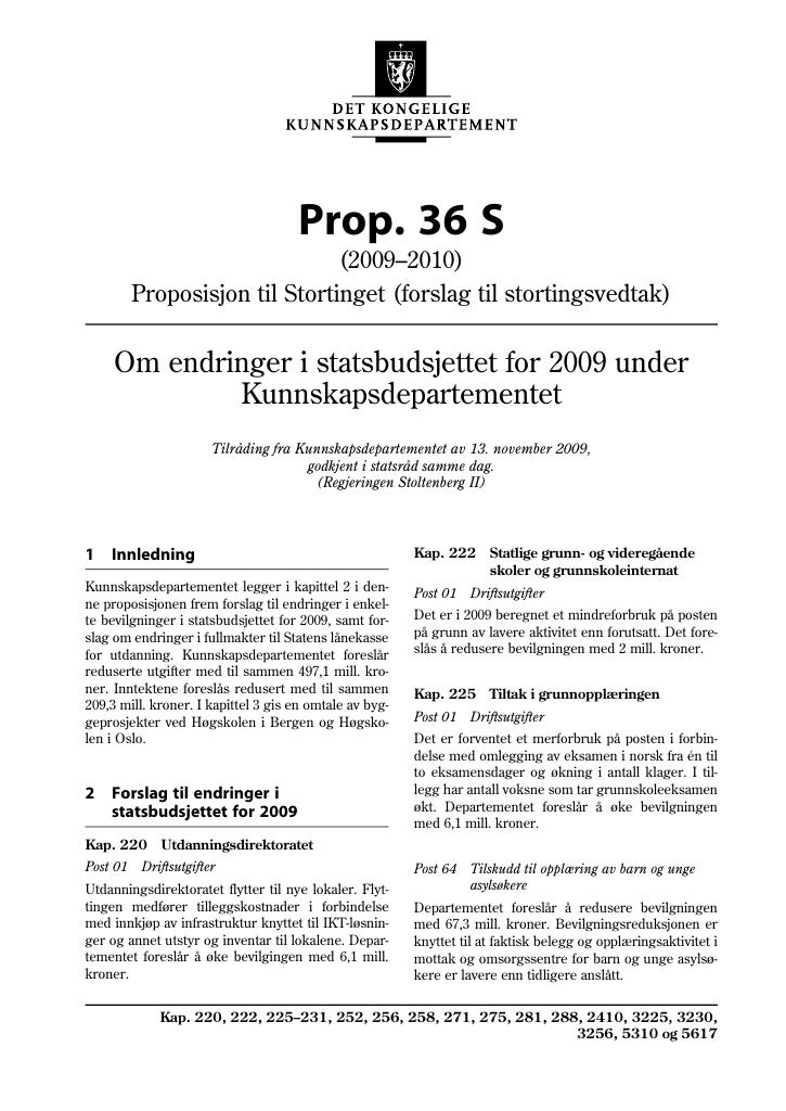 Forsiden av dokumentet Prop. 36 S (2009-2010)