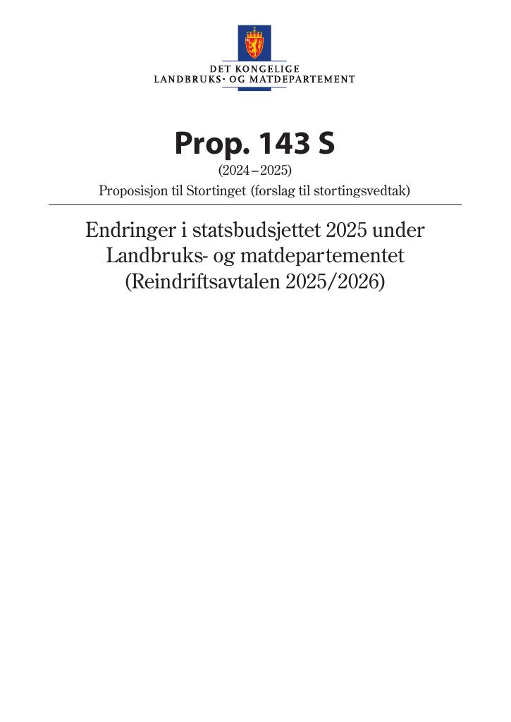 Forsiden av dokumentet Prop. 143 S (2024–2025)