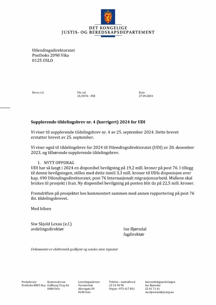 Forsiden av dokumentet Tildelingsbrev Utlendingsdirektoratet 2024 - tillegg nr. 4